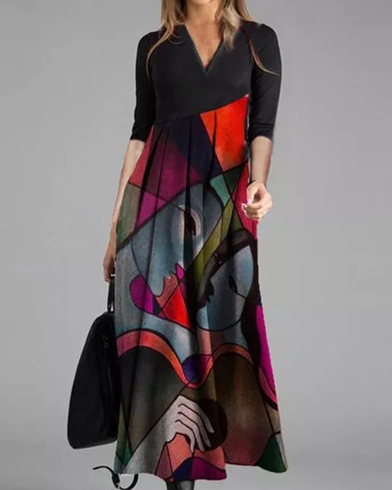 Robe Femme Nina – Robe Évasée Élégante à Manches Longues avec Motif Color Block & Plis Raffinés