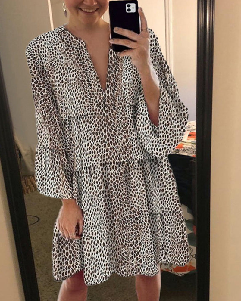 Avelyn Robe d'Été Femme – Robe Ample à Imprimé Léopard, Manches Bouffantes & Col en V Élégant