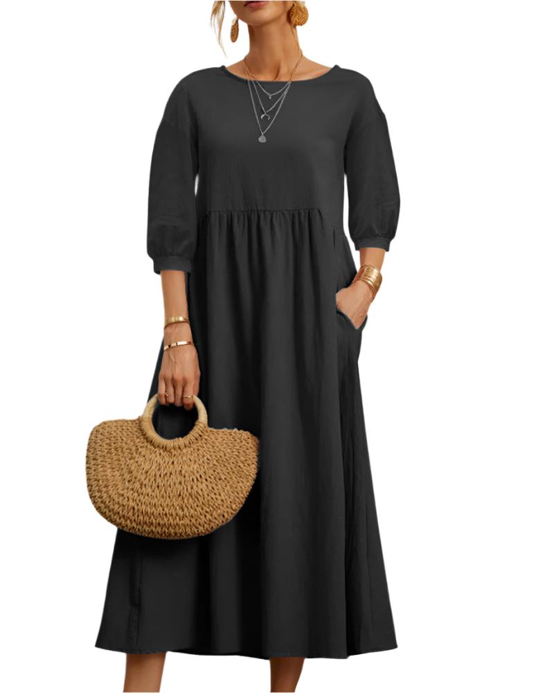 Abito midi da donna Flore - Cotone e lino traspirante, scollo rotondo, maniche a lanterna, comfort estivo 