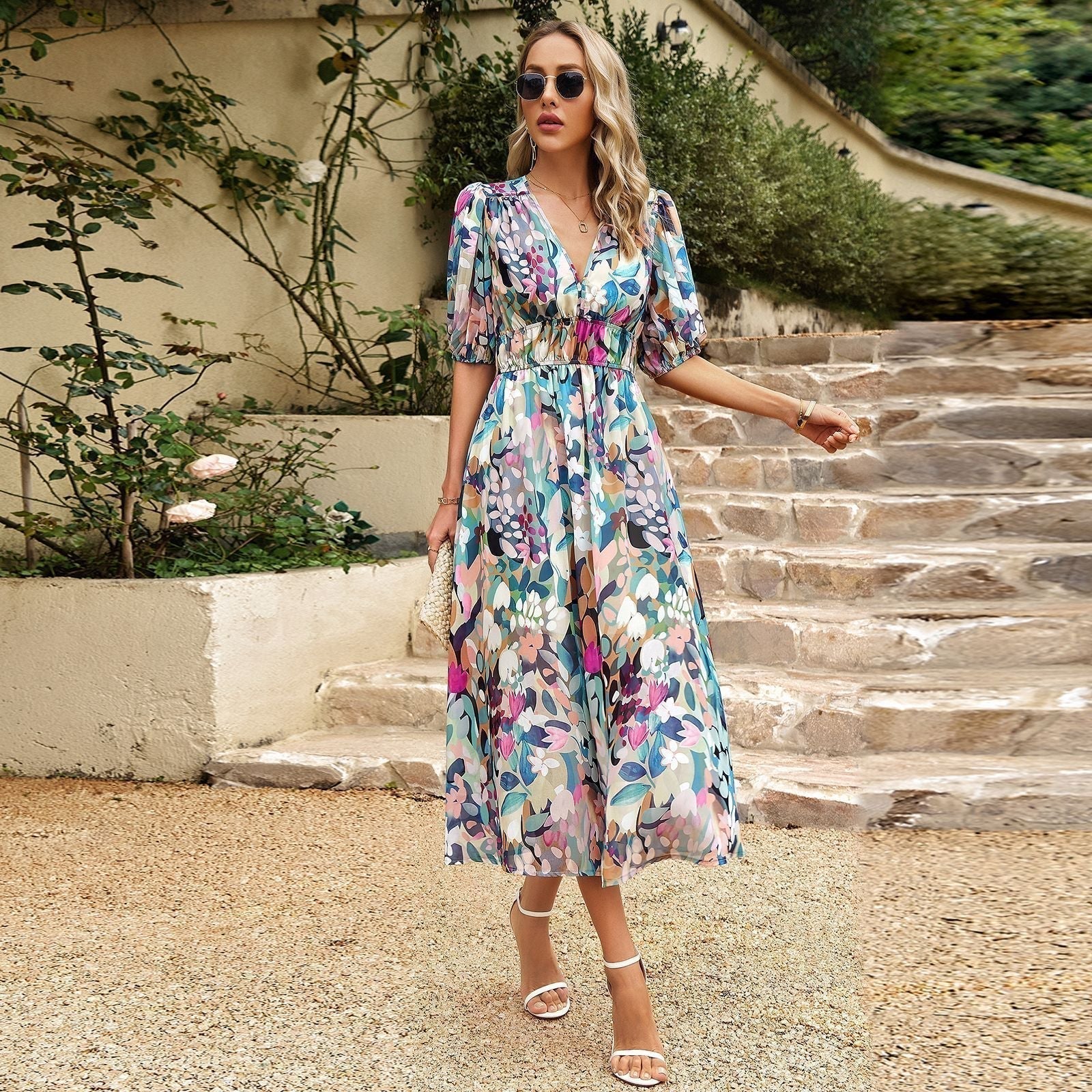 Fenna Robe Bohème Femme – Élégante Robe Longue à Imprimé Floral et Coupe Fluide