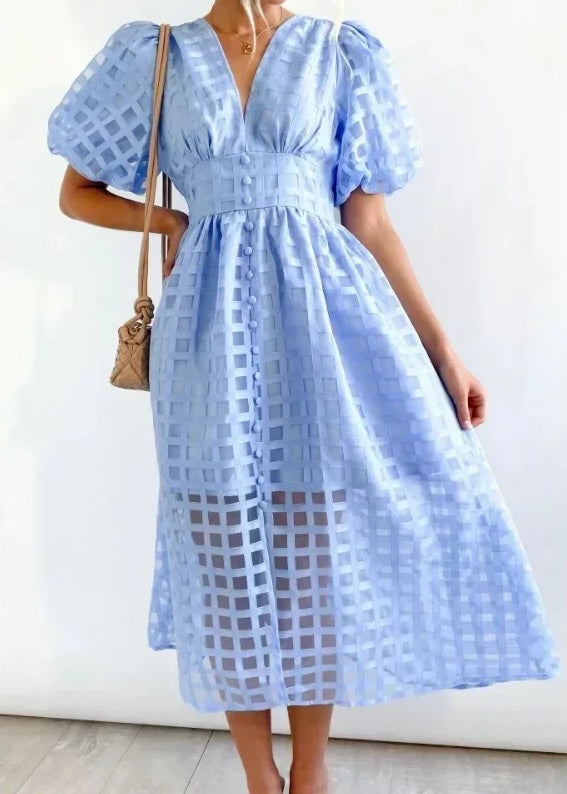 Abito midi da donna Mylene - Elegante abito a quadri con volume e colori vivaci