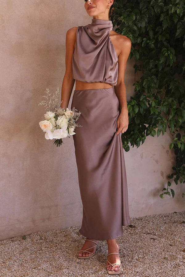 Annie Ensemble Satin Femme – Set Élégant 2 Pièces avec Haut à Manches Longues & Pantalon Taille Haute Fluide