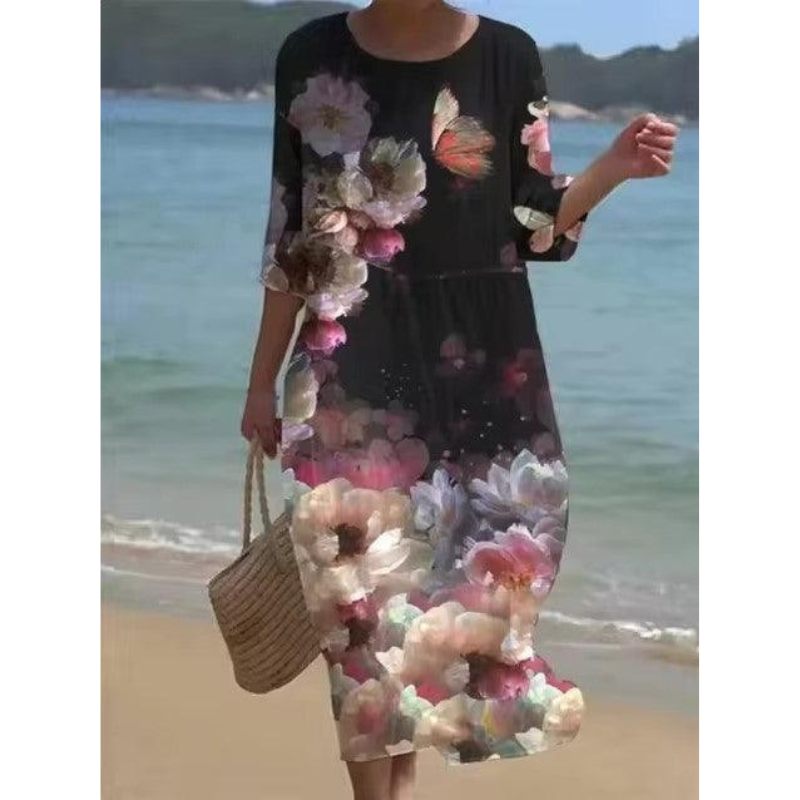 Alora Robe Femme Élégante – Imprimé Fleuri, Manches Mi-longues & Coupe Flatteuse