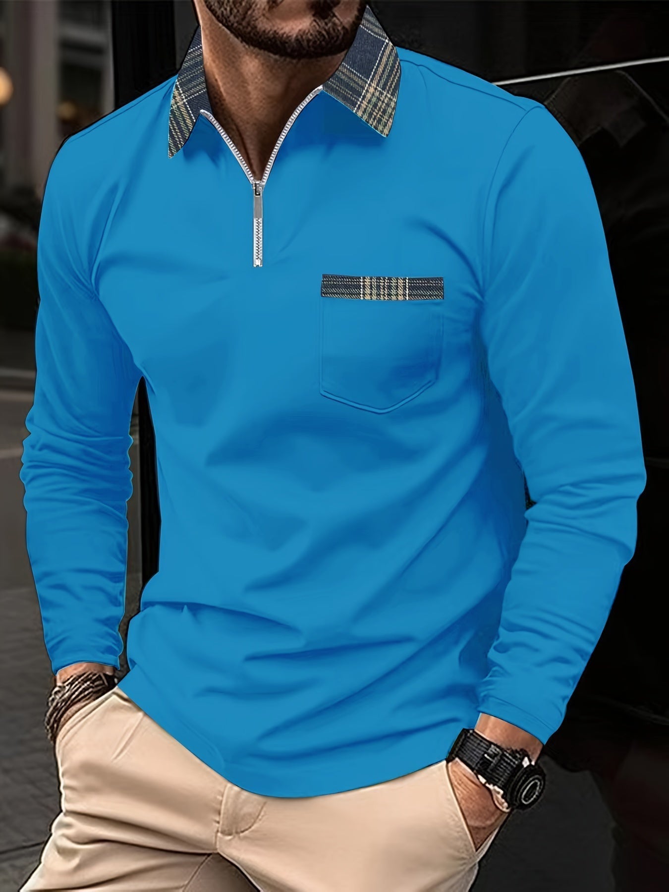 Polo a maniche lunghe Frank – Colletto con cerniera e motivo a quadri, eleganza e comfort per uomo