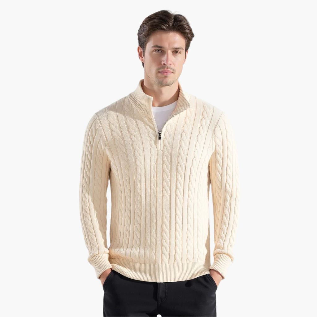 Pull Kiel Homme à Demi-Zip en Maille Torsadée – Pull Élégant à Col Montant en Mélange de Laine au Style Classique