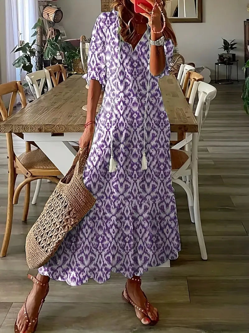 Robe Bohème Femme Charm – Élégante Robe d’Été à Volants avec Col en V & Motif Ikat