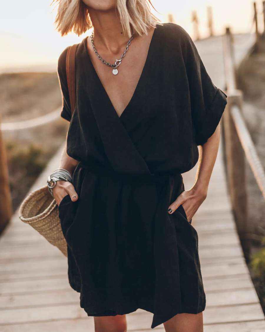 Abito kimono da donna Anny - Abito estivo leggero in lino con maniche larghe e stampa selvaggia