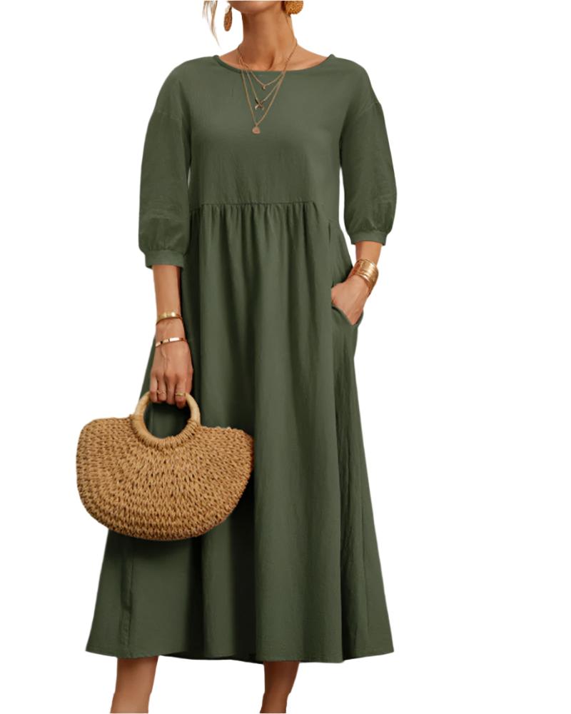 Abito midi da donna Flore - Cotone e lino traspirante, scollo rotondo, maniche a lanterna, comfort estivo 