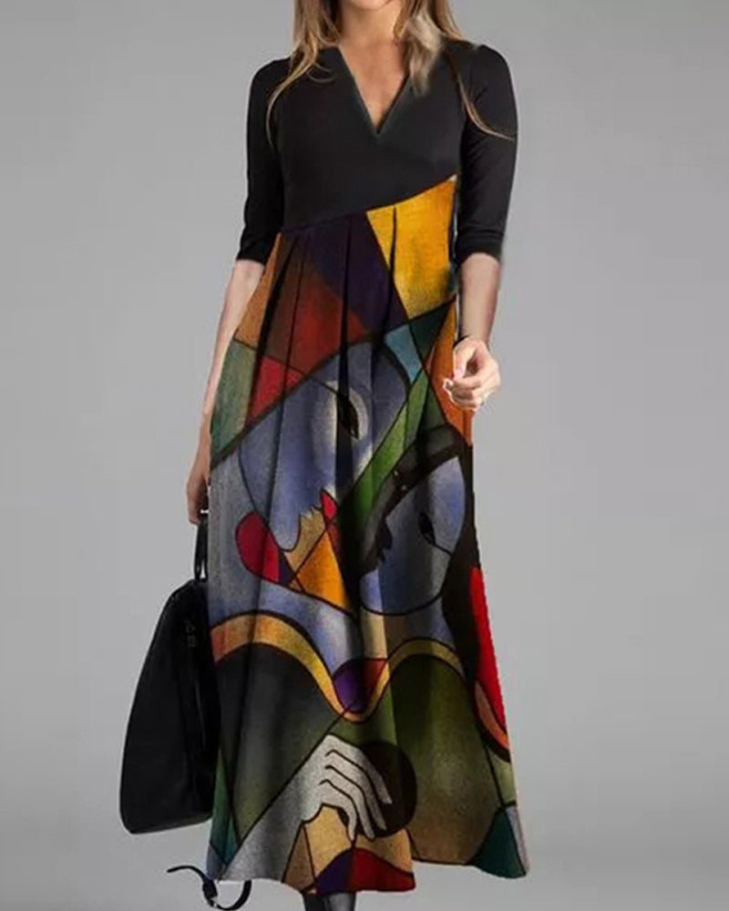 Robe Femme Nina – Robe Évasée Élégante à Manches Longues avec Motif Color Block & Plis Raffinés
