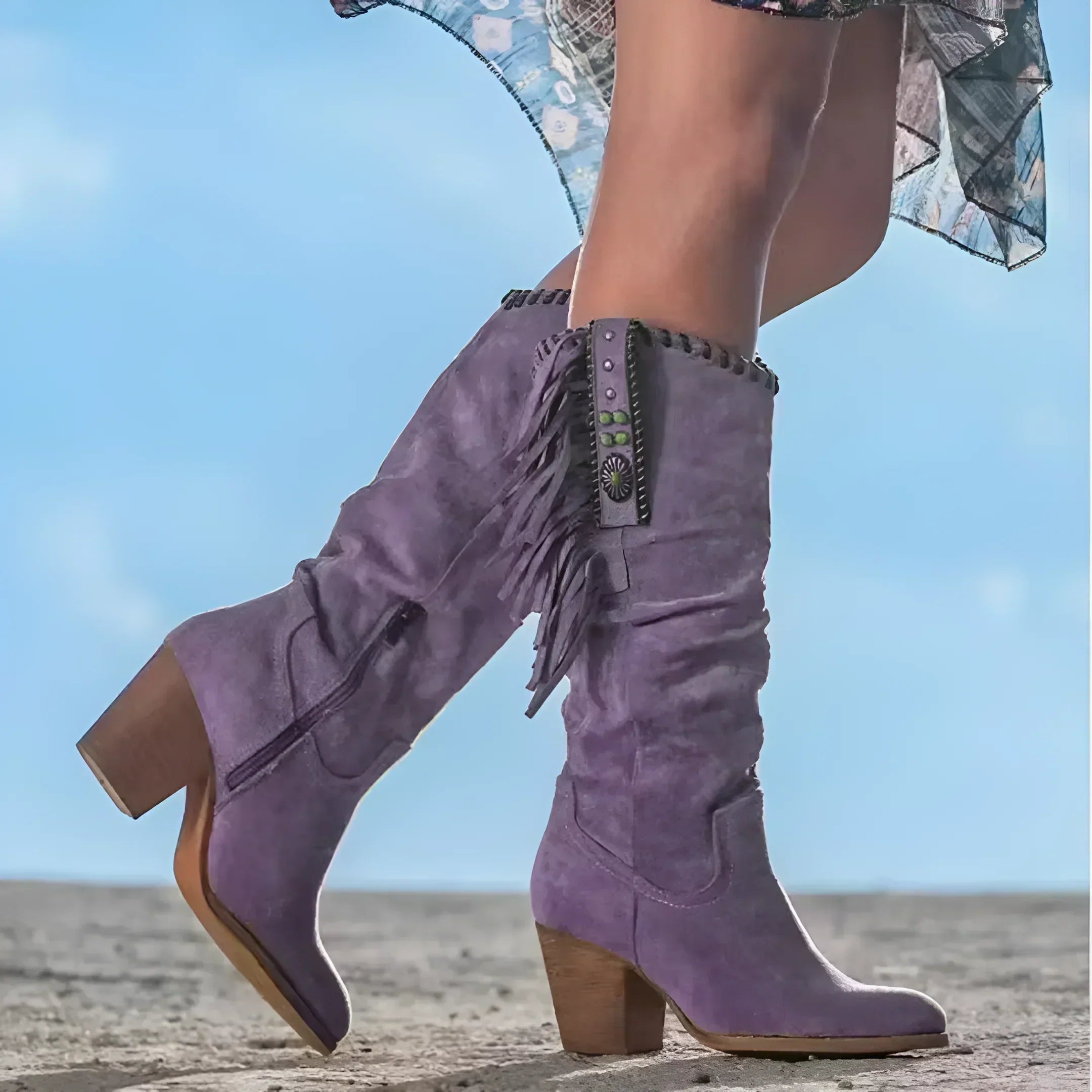 Stivali da donna Nathalie - Stivali da cowboy in vera pelle con frange e tacco spesso