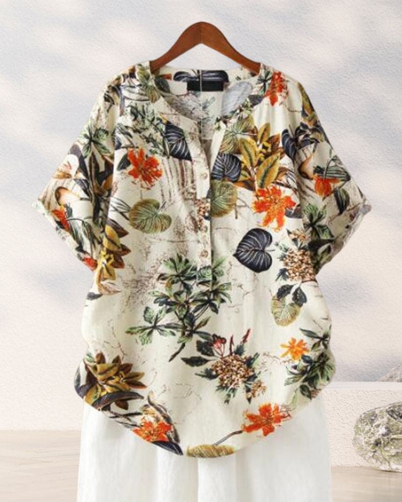 T-shirt da donna Elisse – T-shirt casual con stampa floreale, mix di cotone e lino e dettaglio nodo