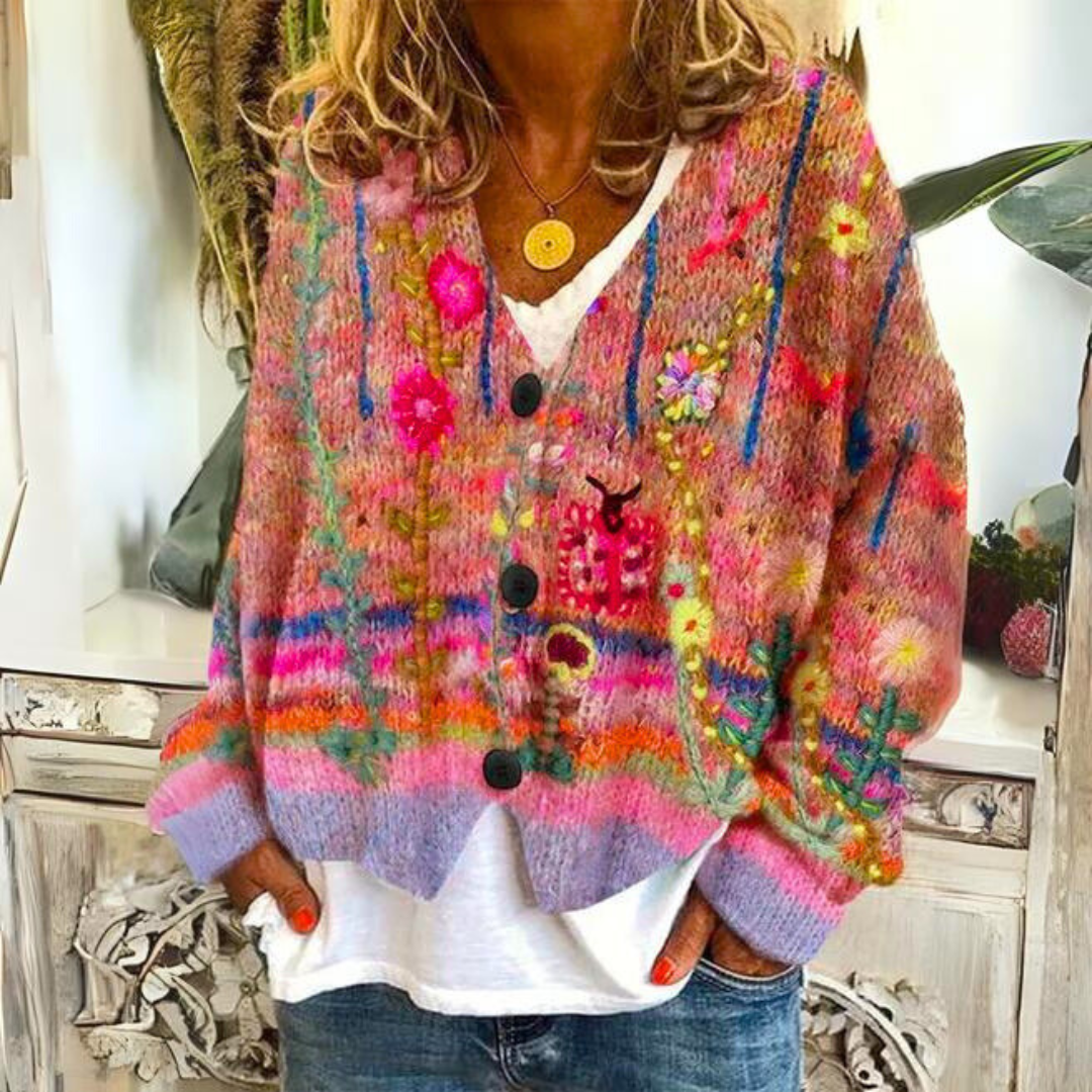 Cardigan bohémien Elisa – Cardigan multicolore con ricami floreali e vestibilità ampia