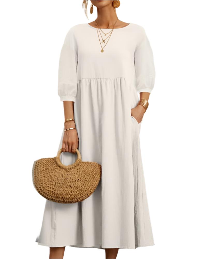 Abito midi da donna Flore - Cotone e lino traspirante, scollo rotondo, maniche a lanterna, comfort estivo 