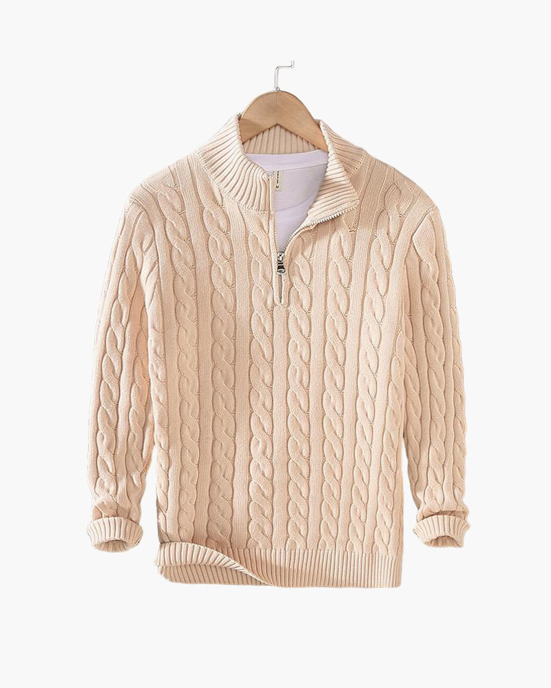 Pull Kiel Homme à Demi-Zip en Maille Torsadée – Pull Élégant à Col Montant en Mélange de Laine au Style Classique