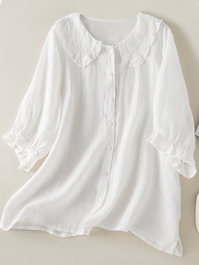 Camicetta da donna Jillian - Camicia ampia in cotone e lino con elegante colletto alla Peter Pan con volant