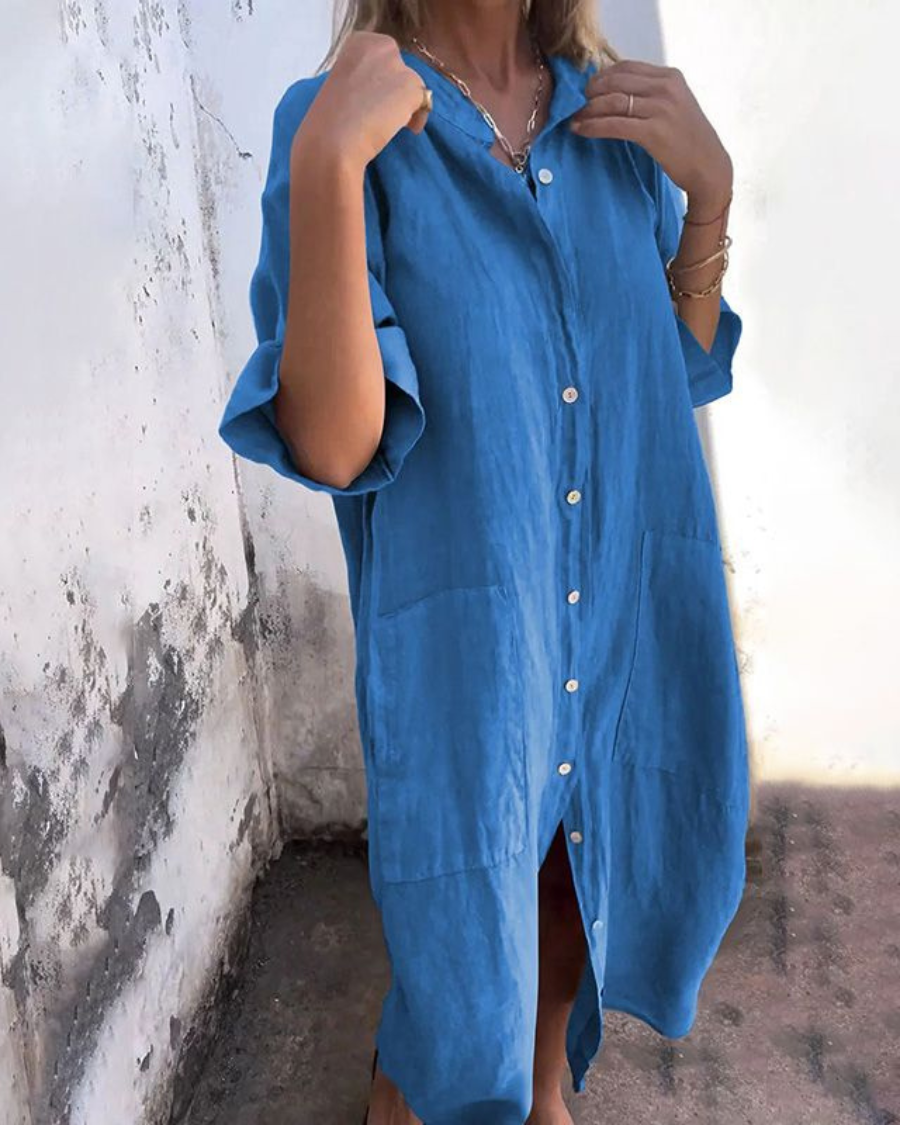 Abito lungo da donna Meiva - Abito camicia in cotone e lino arioso con bottoni e orlo lungo