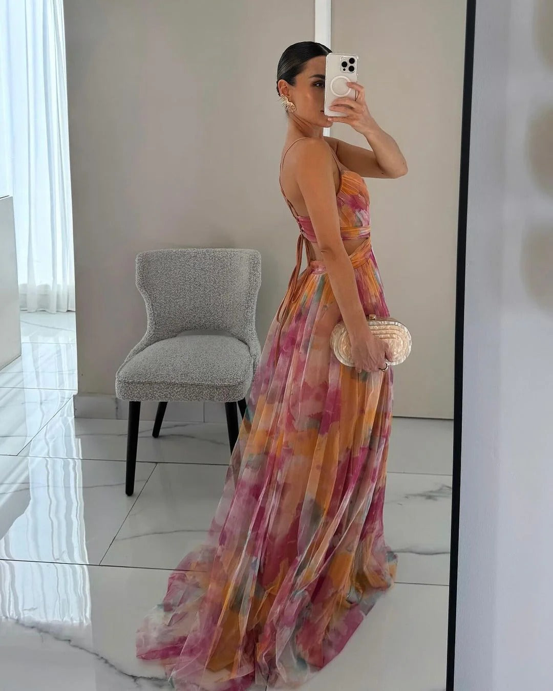 Bella Robe Longue Femme – Robe Florale d’Été avec Fermeture Réglable & Silhouette Fluide