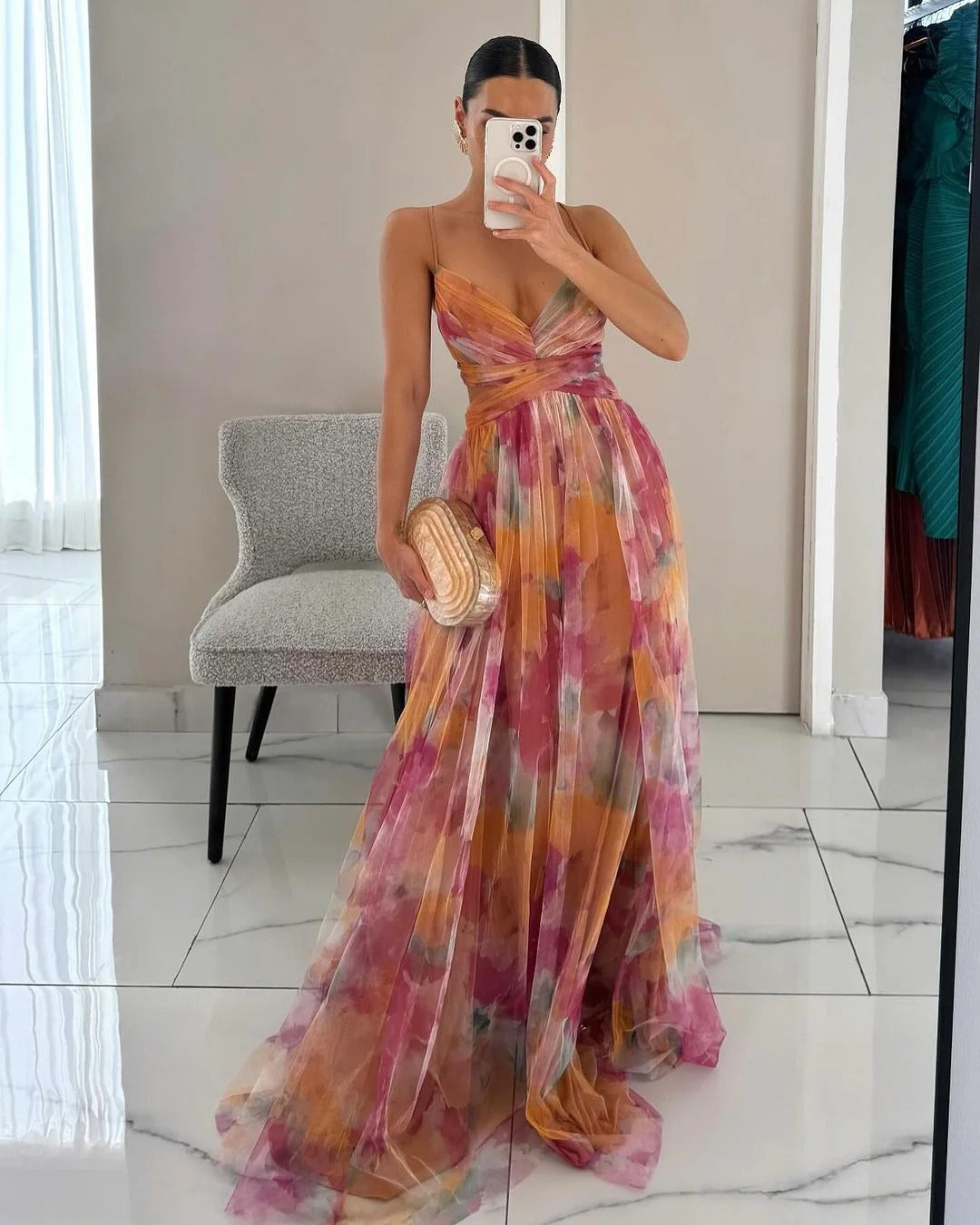 Bella Robe Longue Femme – Robe Florale d’Été avec Fermeture Réglable & Silhouette Fluide