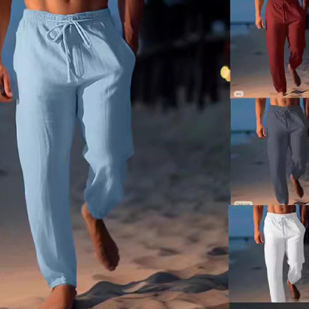 Pantaloni da spiaggia da uomo Sean - Pantaloni estivi in ​​lino azzurro traspiranti con coulisse