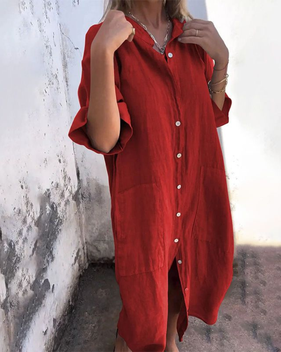 Abito lungo da donna Meiva - Abito camicia in cotone e lino arioso con bottoni e orlo lungo