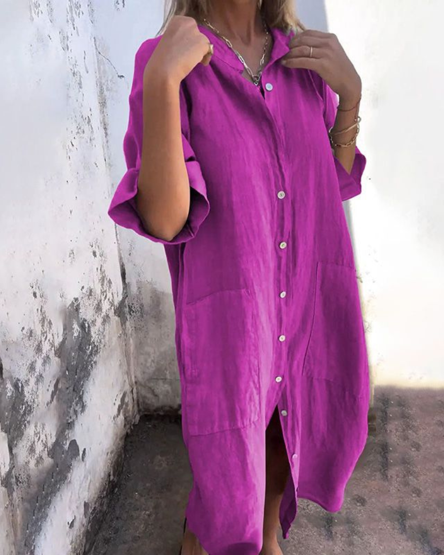 Abito lungo da donna Meiva - Abito camicia in cotone e lino arioso con bottoni e orlo lungo