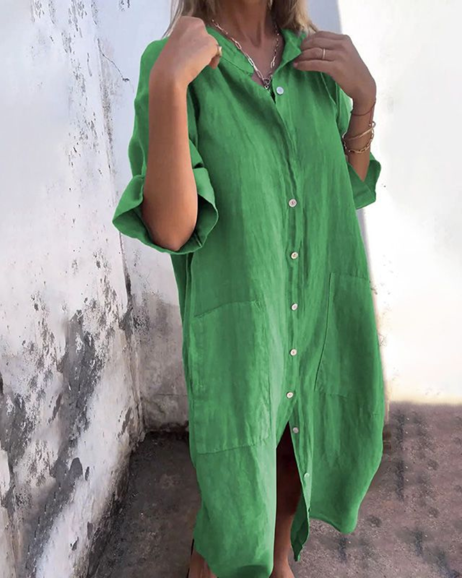 Abito lungo da donna Meiva - Abito camicia in cotone e lino arioso con bottoni e orlo lungo