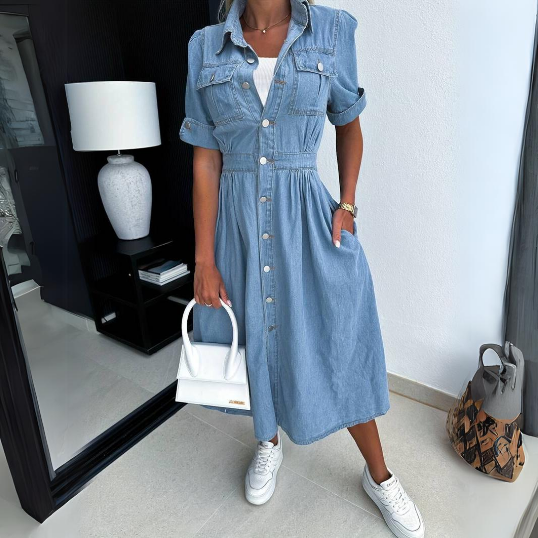 Abito in denim da donna Eloise - Abito in cotone leggero blu con taglio aderente