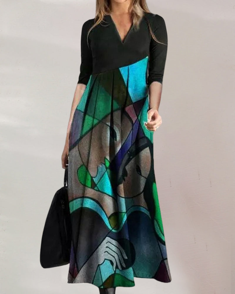 Robe Femme Nina – Robe Évasée Élégante à Manches Longues avec Motif Color Block & Plis Raffinés