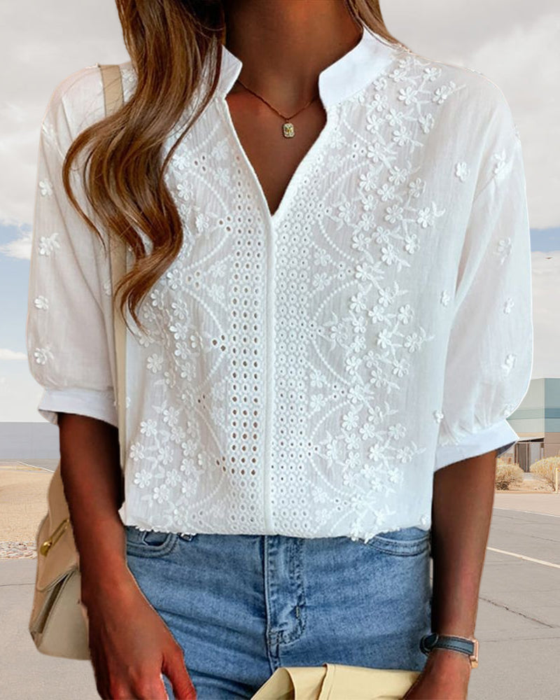 Blouse Femme Amélie – Haut à Col en V avec Manches Bouffantes, Coton Mélangé & Détails Patchwork