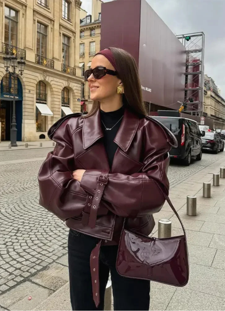 Audace Parisienne Veste Oversize Effet Cuir – Ceinture, Style Moderne & Élégant Femme