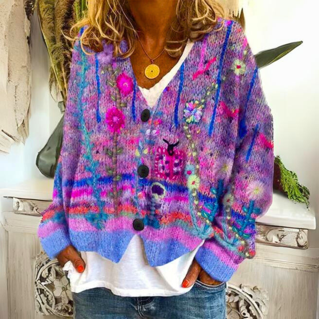 Cardigan bohémien Elisa – Cardigan multicolore con ricami floreali e vestibilità ampia