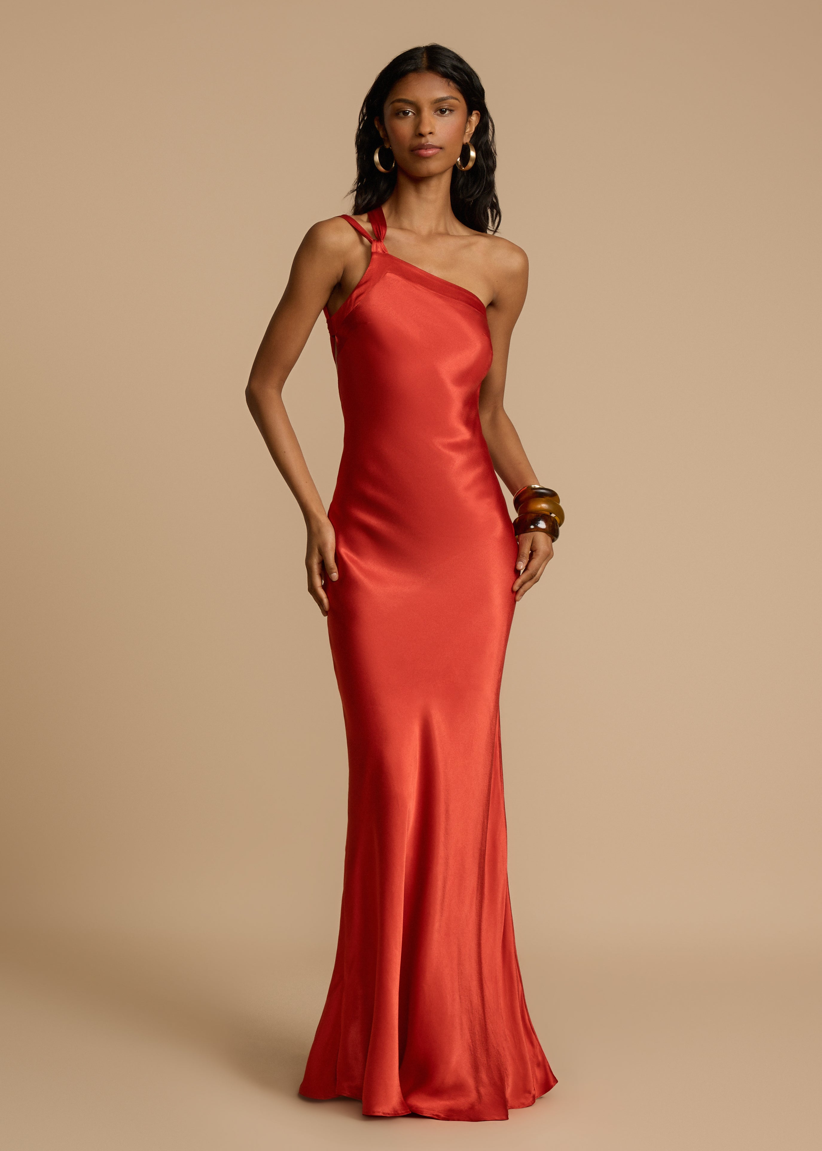 Elena Robe Longue Femme – Robe de Soirée en Satin de Soie avec Dos Nu & Encolure Asymétrique