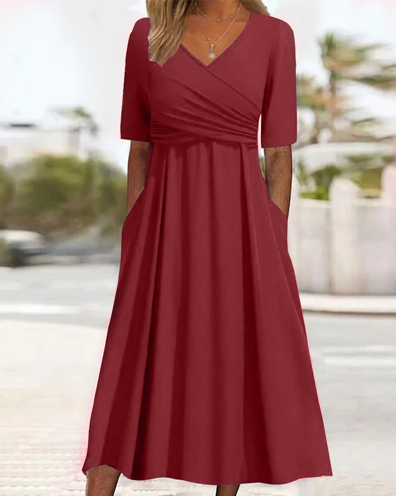 Abito midi da donna Marley - Abito in cotone a trapezio con scollo a V, pieghe e tasche per tutte le occasioni