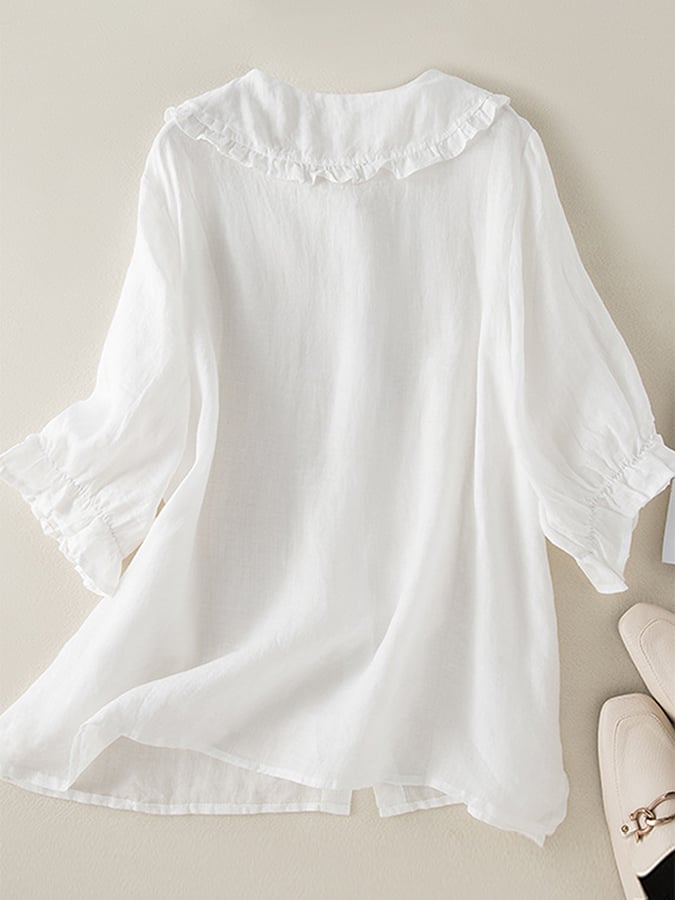 Camicetta da donna Jillian - Camicia ampia in cotone e lino con elegante colletto alla Peter Pan con volant