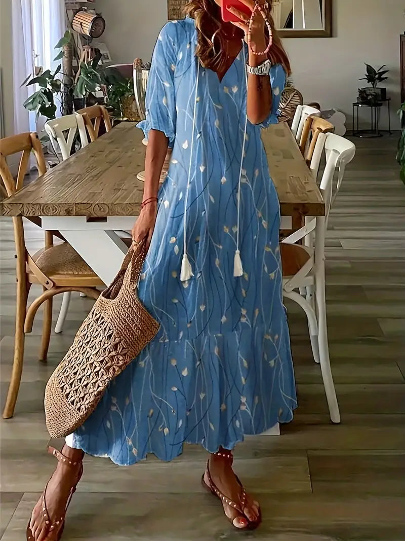 Robe Bohème Femme Charm – Élégante Robe d’Été à Volants avec Col en V & Motif Ikat