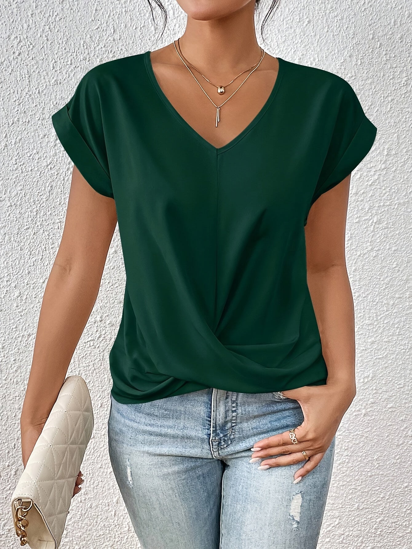 Top da donna Yasmine – Scollo a V con fiocco, drappeggio elegante e vestibilità comoda