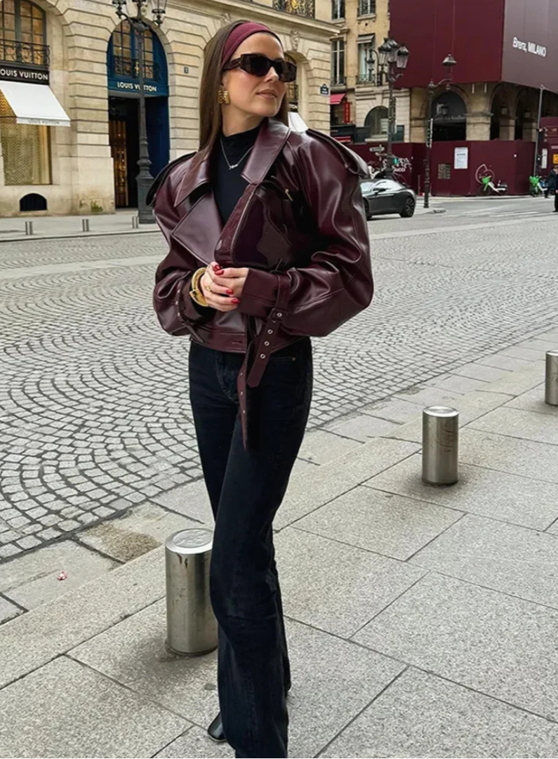 Audace Parisienne Veste Oversize Effet Cuir – Ceinture, Style Moderne & Élégant Femme