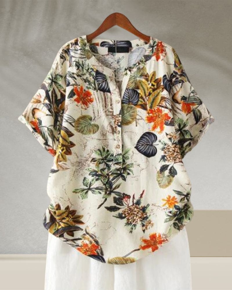 T-shirt da donna Elisse – T-shirt casual con stampa floreale, mix di cotone e lino e dettaglio nodo