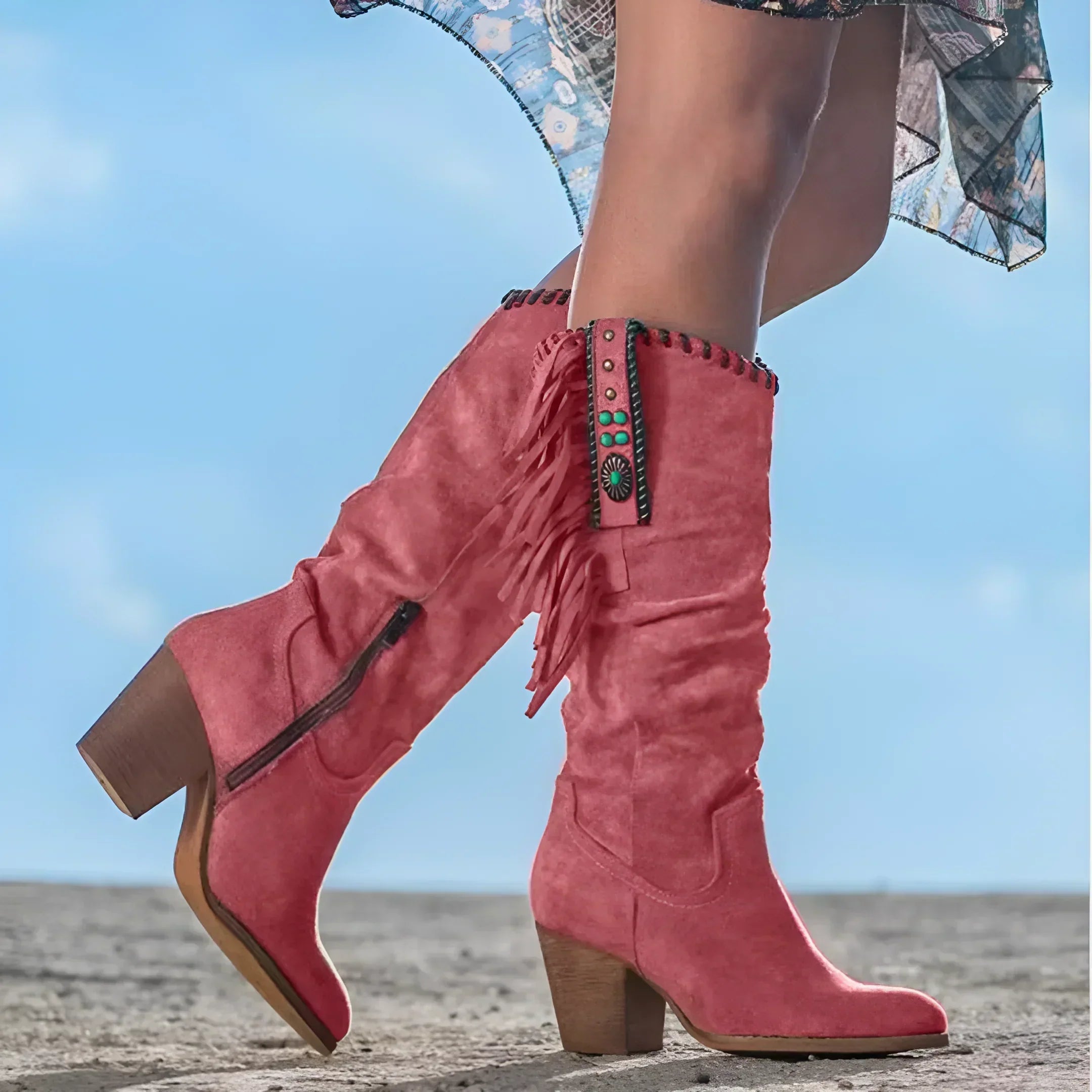 Stivali da donna Nathalie - Stivali da cowboy in vera pelle con frange e tacco spesso
