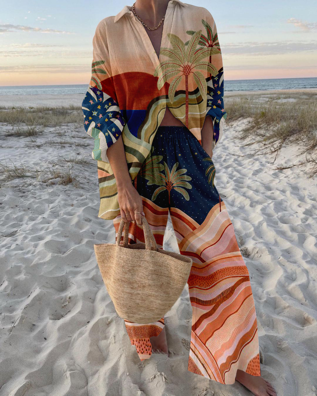 Completo in lino da donna Aviane - Coordinato estivo con stampa tropicale e vestibilità ariosa e confortevole