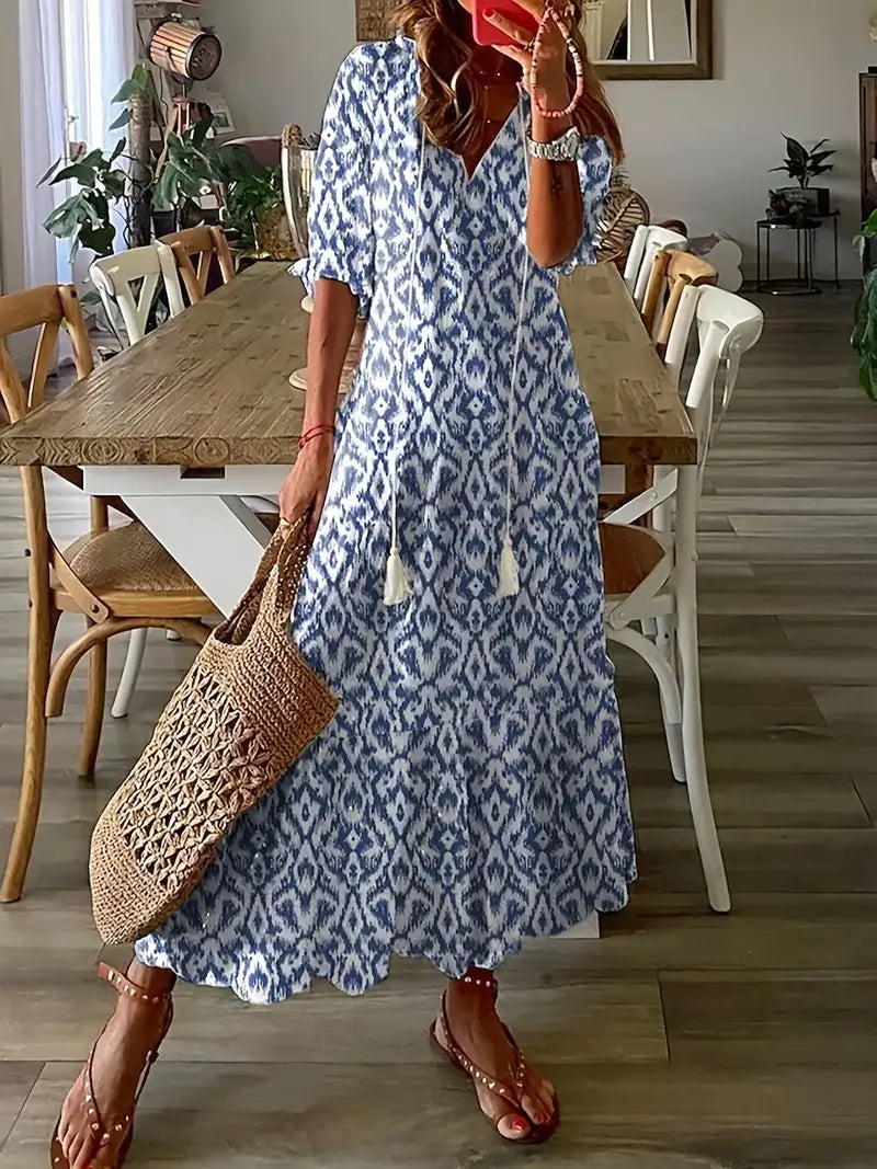 Robe Bohème Femme Charm – Élégante Robe d’Été à Volants avec Col en V & Motif Ikat