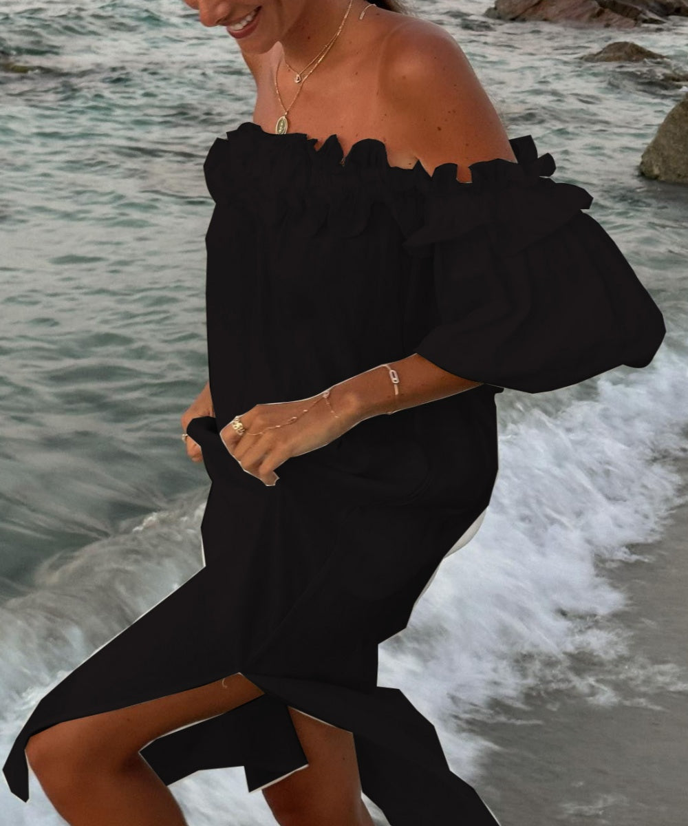 Abito lungo da donna Valentina – Abito in cotone boho con spalle scoperte, volant e scollo Bardot