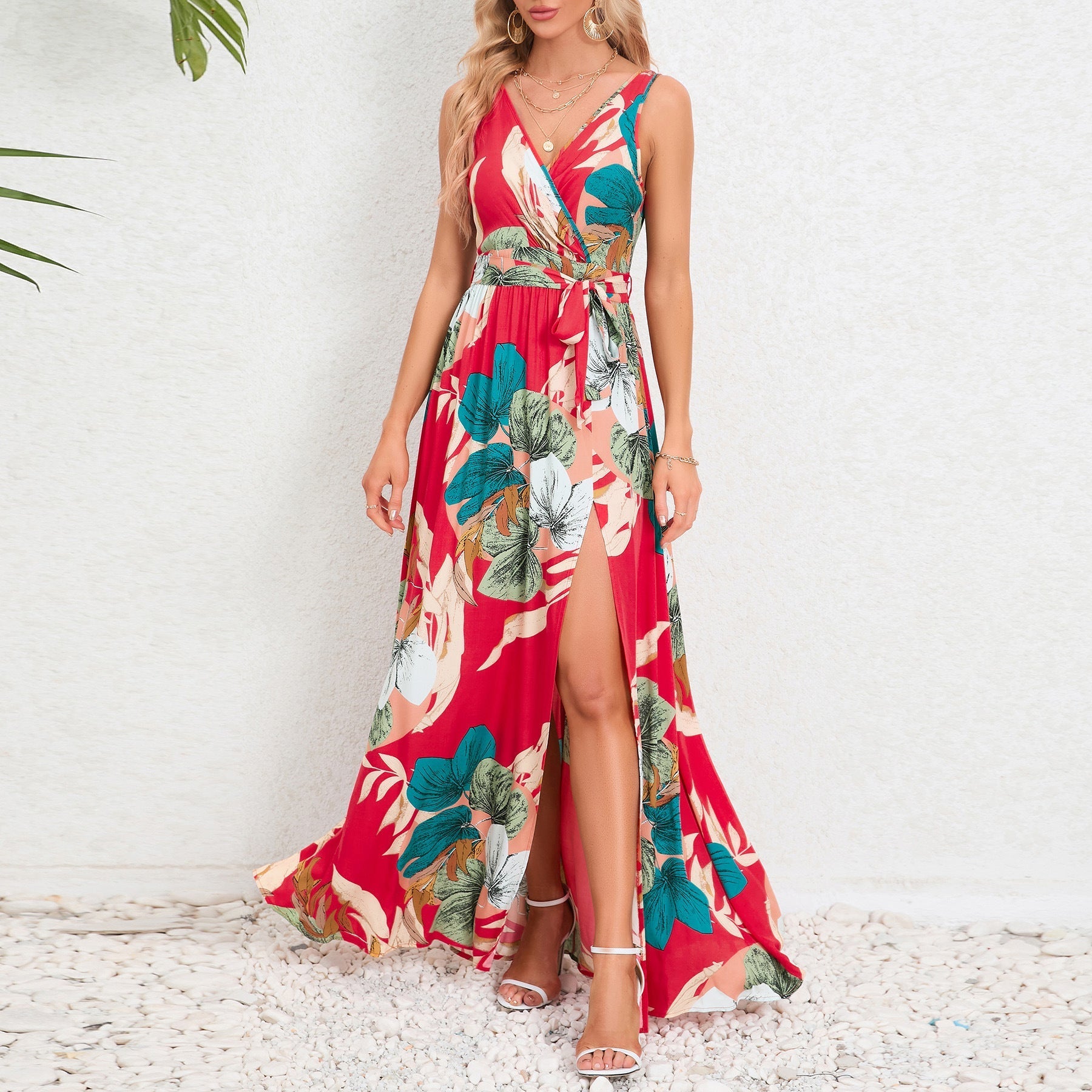 Abito lungo da donna Shirley - Abito floreale con scollo a V, cintura ed elegante spacco