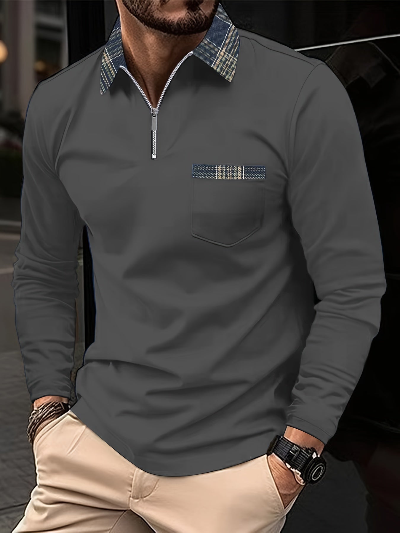 Polo a maniche lunghe Frank – Colletto con cerniera e motivo a quadri, eleganza e comfort per uomo