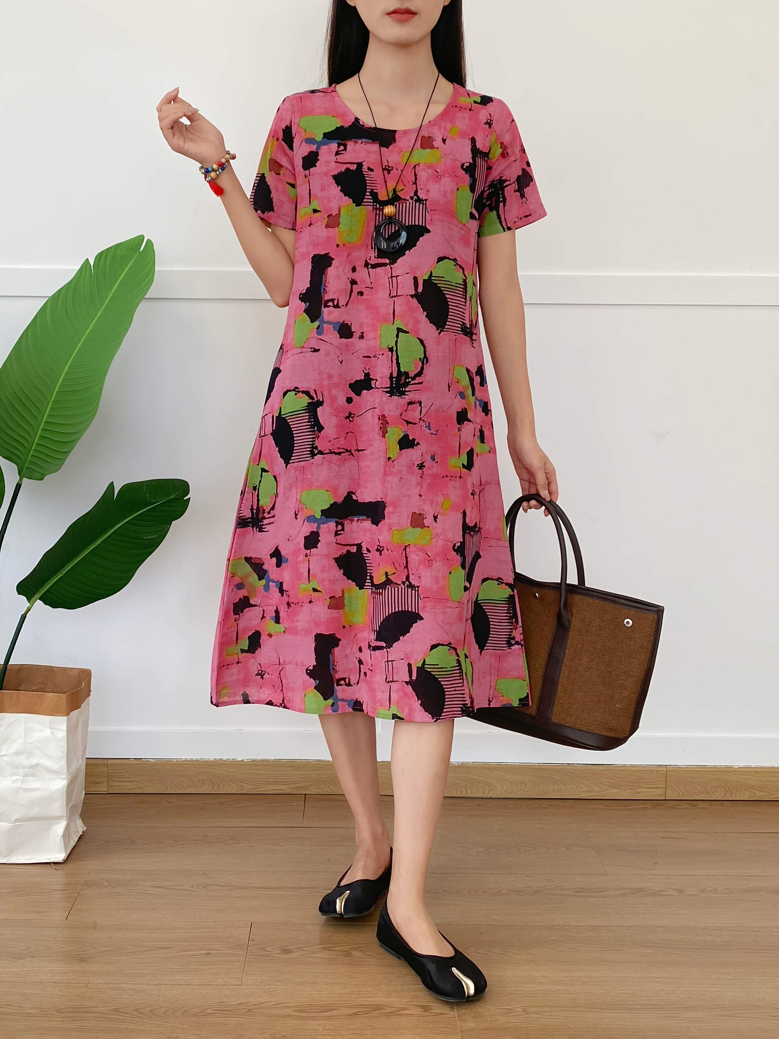Robe d'Été Joy pour Femme – Robe Midi Aérienne en Lin Mélangé avec Col Rond et Poches