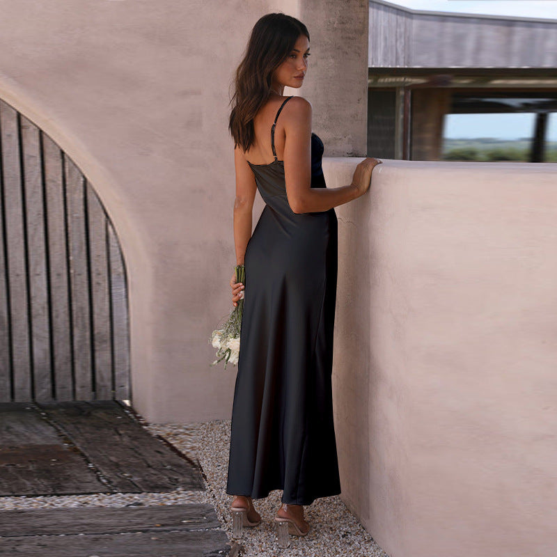 Abito da sera da donna Lucille - Elegante abito in raso nero con spacco per occasioni chic