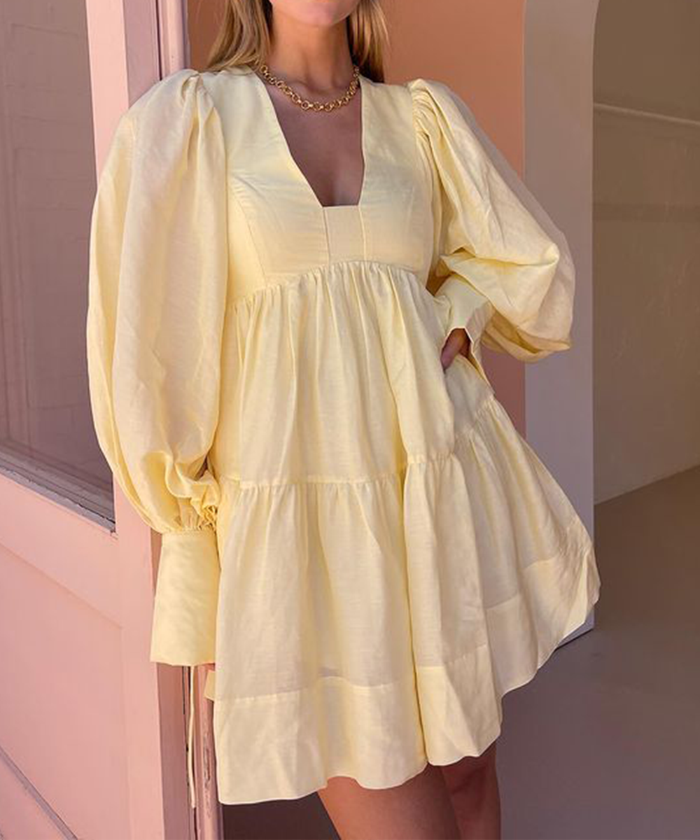 Abito babydoll da donna Madelyn - Abito estivo corto giallo pastello con taglio arioso e voluminoso