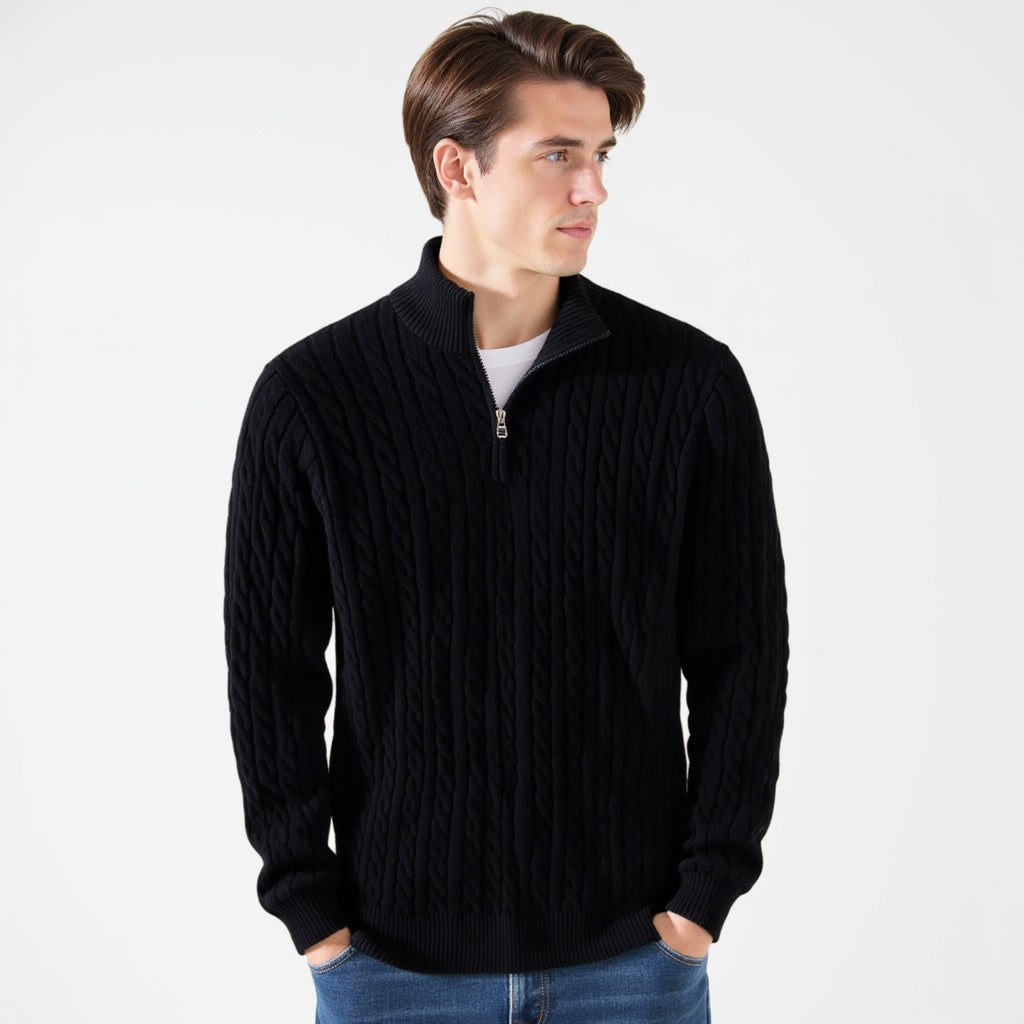 Pull Kiel Homme à Demi-Zip en Maille Torsadée – Pull Élégant à Col Montant en Mélange de Laine au Style Classique