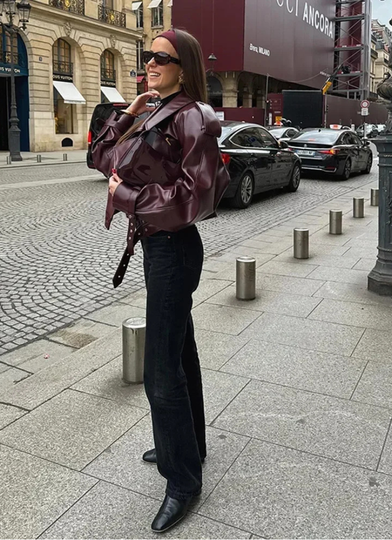 Audace Parisienne Veste Oversize Effet Cuir – Ceinture, Style Moderne & Élégant Femme