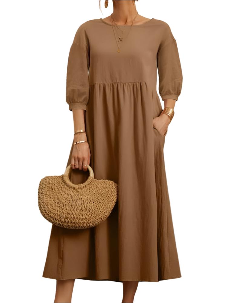 Abito midi da donna Flore - Cotone e lino traspirante, scollo rotondo, maniche a lanterna, comfort estivo 